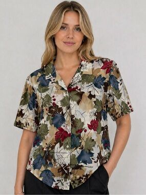Alfred Dunner Blouse Top 18W Floral Leaf Button Up Short Sleeve Collar Crepe